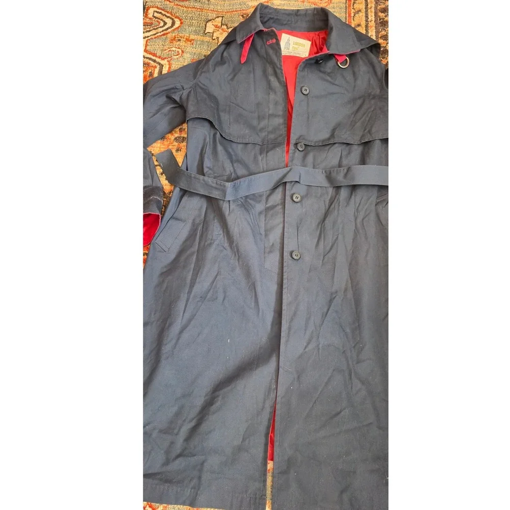 London Fog Maincoats Vintage Navy Blue Trench Coat Red Lining Belted Size 12 Reg